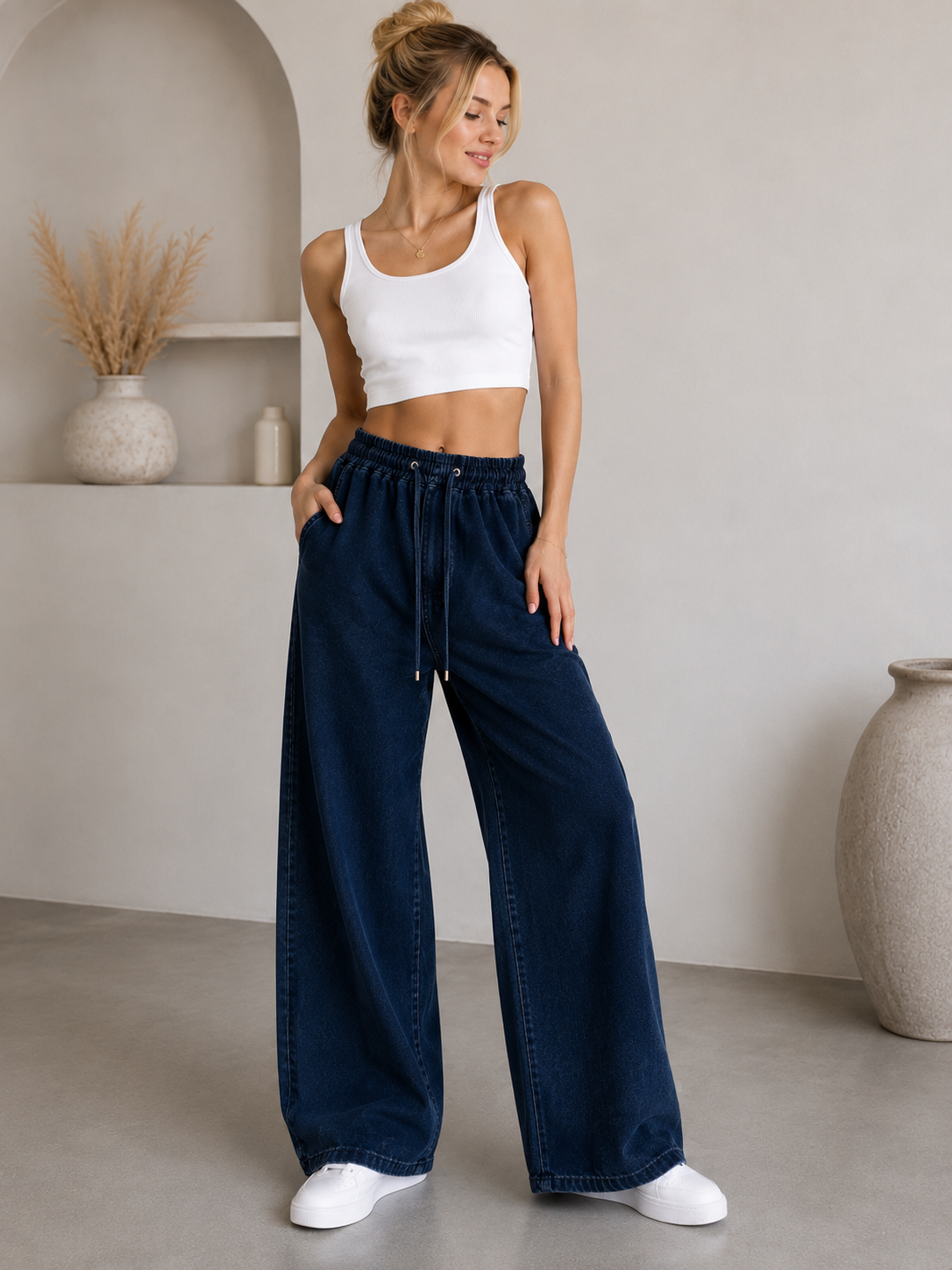 Lacivert BELİ LASTİKLİ İPLİ KOT